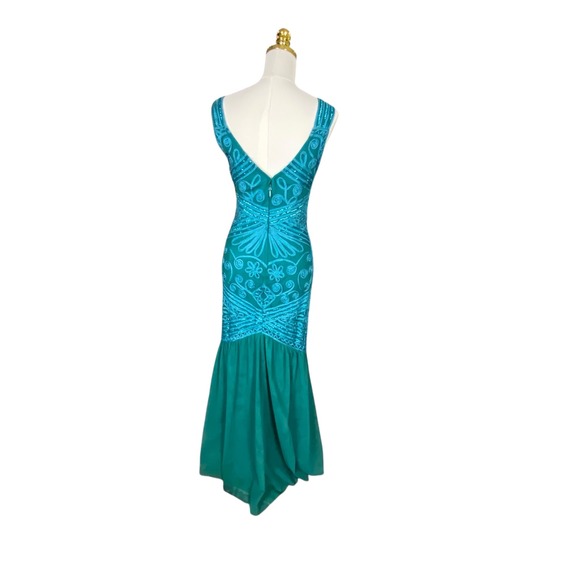 JS Collections Teal Soutache Sequin Mermaid Gown Art Deco V-Neck Formal Dress - Picture 6 of 9